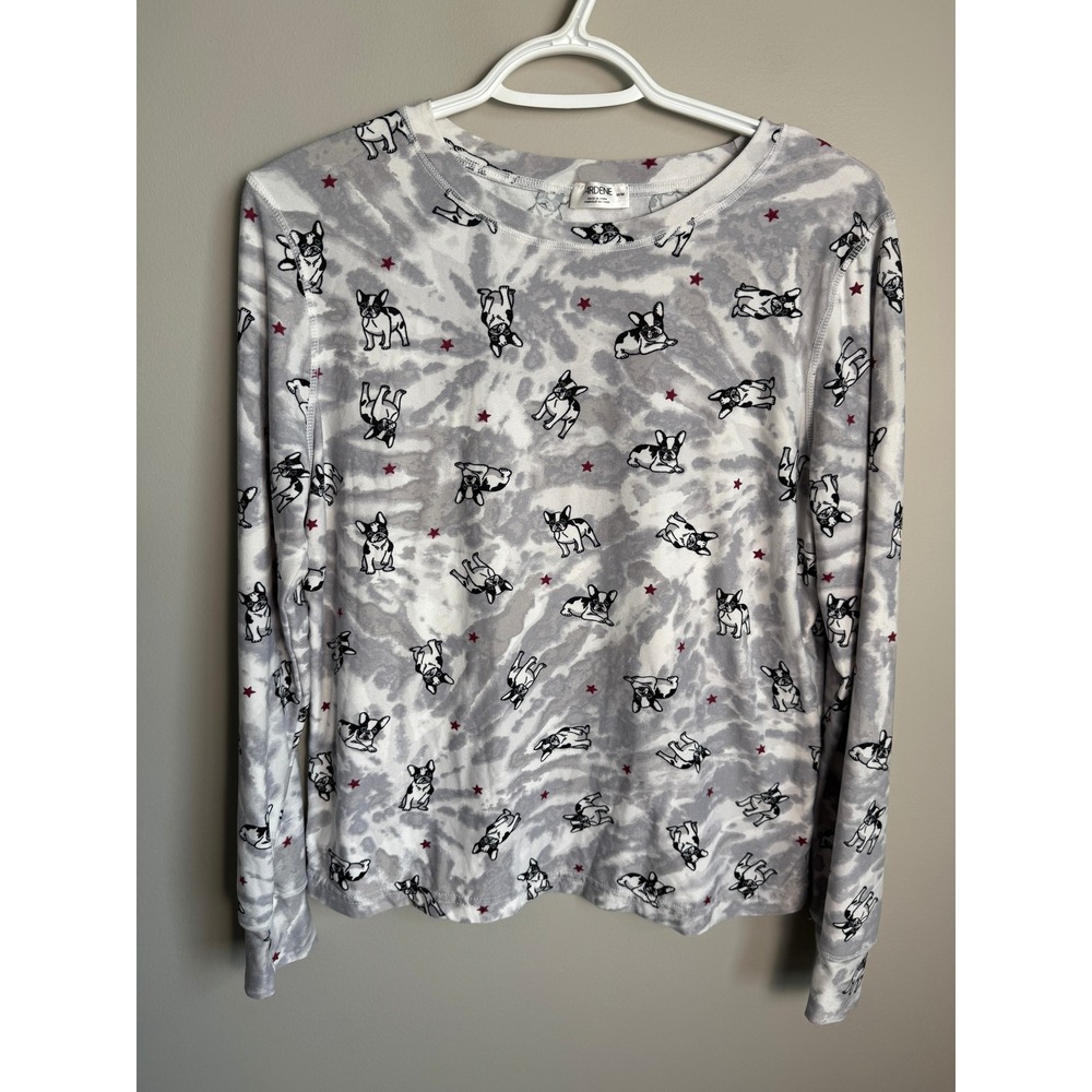 Ardene Womens Gray Tie Dye French Bulldog Long Sleeve Pajama Top M Loungewear